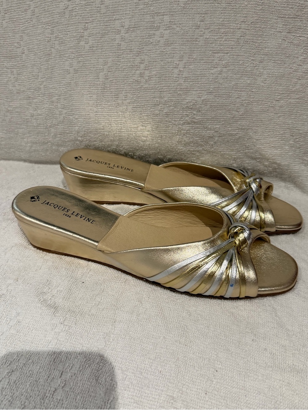 Jacques Levine Metallic Gold Knot Slide Sandals